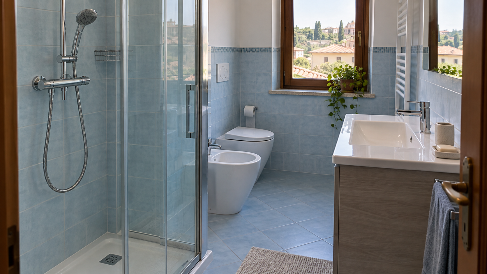 Doccia con miscelatore e lavabo vicino in un bagno domestico privo di persone