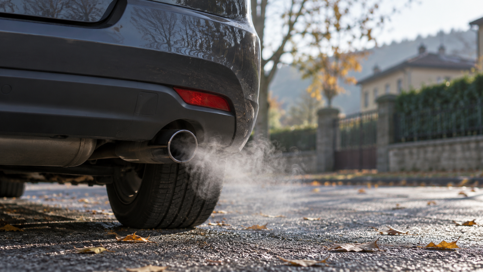 Leggera nube di vapore bianco dal terminale di scarico di un?auto grigia in una mattina autunnale