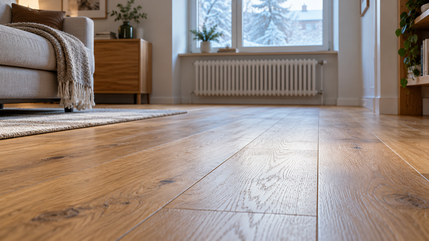 Parquet in rovere in primo piano in un soggiorno con termosifone e finestra su un paesaggio invernale